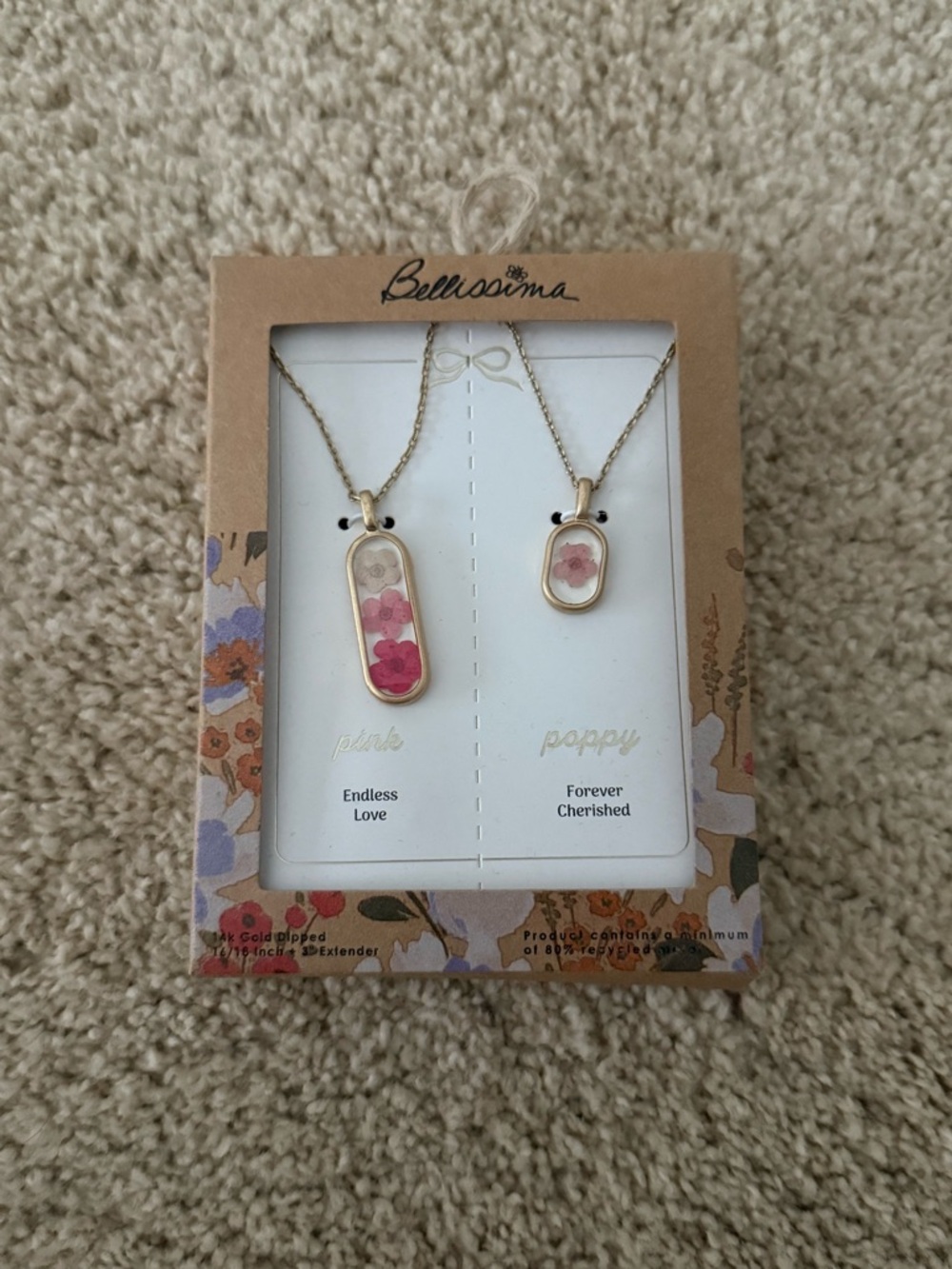 Bella Uno Bellissima Pink Poppy Floral Pendant Necklace Set - Gold Dipped